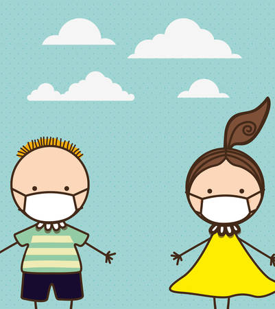 Boy and girl kids with masks against 2019 ncov virus design of Covid 19 cov infection disease symptoms and medical theme Vector illustrationのイラスト素材