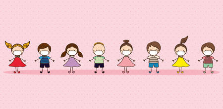 Boys and girls kids with masks against 2019 ncov virus design of Covid 19 cov infection disease symptoms and medical theme Vector illustrationのイラスト素材