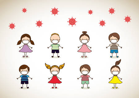 Boys and girls kids with masks against 2019 ncov virus design of Covid 19 cov infection disease symptoms and medical theme Vector illustrationのイラスト素材