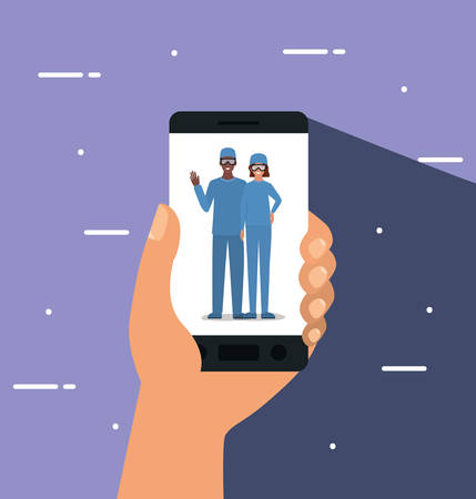 Man and woman doctor with uniforms and hats inside smartphone design of Medical care health emergency aid exam clinic and patient theme Vector illustrationのイラスト素材