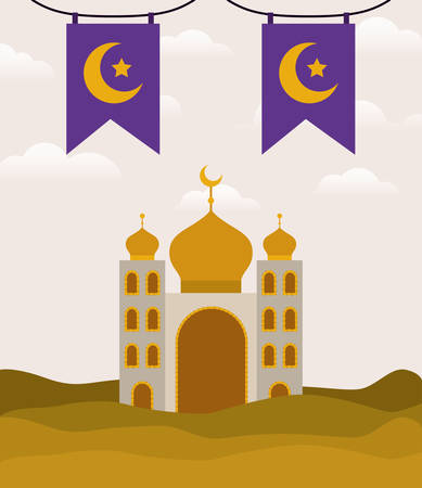 Eid mubarak mosque with moon and banner pennant design, Islamic religion culture and belief theme Vector illustrationのイラスト素材