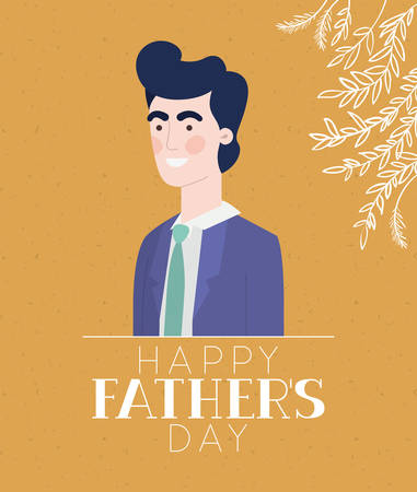 Happy fathers day text man cartoon and leaves design, Celebration and love theme Vector illustrationのイラスト素材