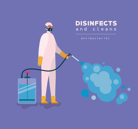 Man spraying with protective suit gloves and bottle design, Disinfects clean antibacterial and hygiene theme Vector illustrationのイラスト素材