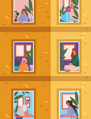 People looking out the windows from orange building design, stay at home theme vector illustrationのイラスト素材