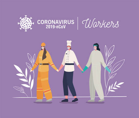 Women avatars with medical masks and uniforms design of Coronavirus 2019 nCov workers theme Vector illustrationのイラスト素材