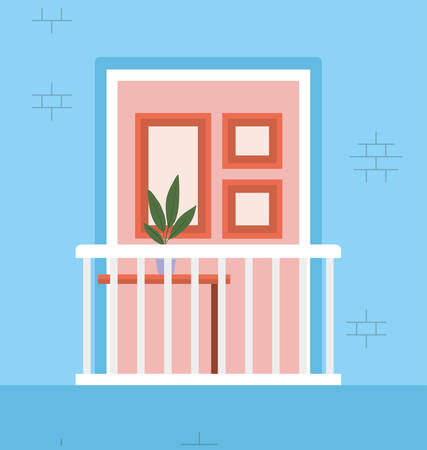 window with balcony from outside with view into the blue house design, home and architecture theme vector illustrationのイラスト素材