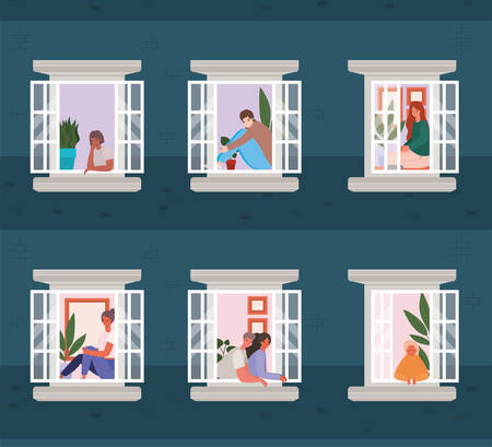People looking out the windows from blue building design, stay at home theme vector illustrationのイラスト素材