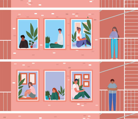 People looking out the windows with balconies from pink building design, stay at home theme vector illustrationのイラスト素材
