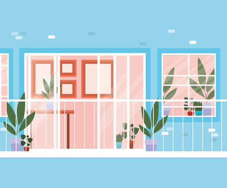 window and balcony from outside with view into the blue house design, home and architecture theme vector illustrationのイラスト素材