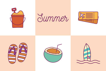 Line and fill style icon set design, Summer vacation tropical relaxation outdoor nature tourism relax lifestyle and paradise theme Vector illustrationのイラスト素材
