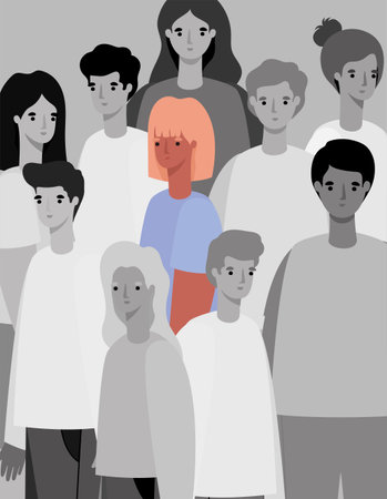 Woman avatar in color between black and white people group design of Covid 19 virus theme