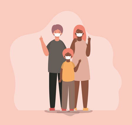 Mother father and son with masks design of Covid 19 virus theme Vector illustrationのイラスト素材
