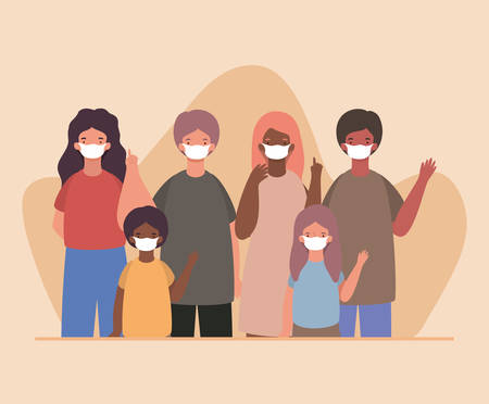 Family people with masks design of Covid 19 virus theme Vector illustrationのイラスト素材