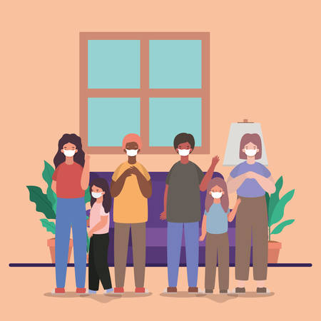 Family with masks at home design of Covid 19 virus theme Vector illustrationのイラスト素材