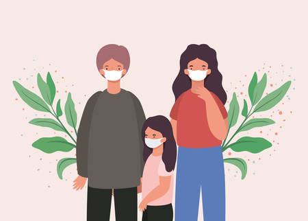 Mother father and daughter with masks and leaves design of Covid 19 virus theme Vector illustrationのイラスト素材