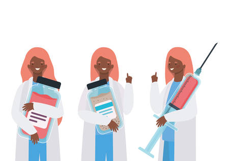 Women doctors with uniforms injection and medicine jars design of Medical care health and emergency theme Vector illustrationのイラスト素材
