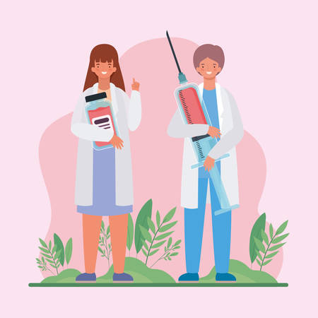 Female and male doctors with injection and medicine jar design of Medical care health and emergency theme Vector illustrationのイラスト素材