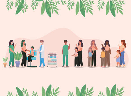 female and male doctors vaccinating kids and mothers design of Medical care health and emergency theme Vector illustrationのイラスト素材
