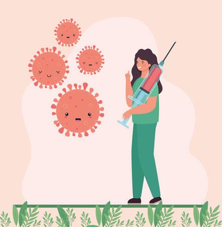 female doctor with injection and covid 19 virus kawaii cartoons design of 2019 ncov cov coronavirus infection corona and epidemic theme Vector illustrationのイラスト素材