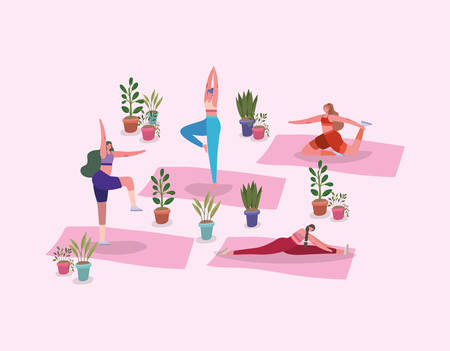 Women doing yoga on mats with plants inside pots design of Stay at home theme Vector illustrationのイラスト素材