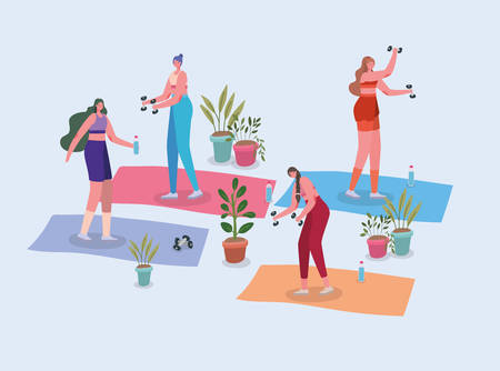 Women doing sport on mats with plants inside pots design of Stay at home theme Vector illustrationのイラスト素材
