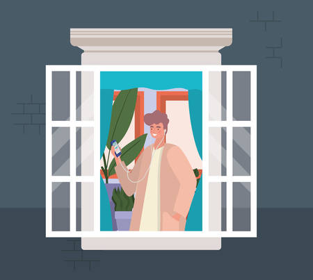 Man with smartphone at window of blue building design, Architecture and quarantine theme Vector illustrationのイラスト素材