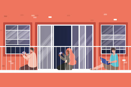 People with smartphone at window balcony of red building design, Architecture and quarantine theme Vector illustrationのイラスト素材