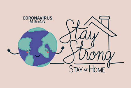 Coronavirus 2019 nCov stay strong at home and kawaii world cartoon design of Covid 19 theme Vector illustrationのイラスト素材