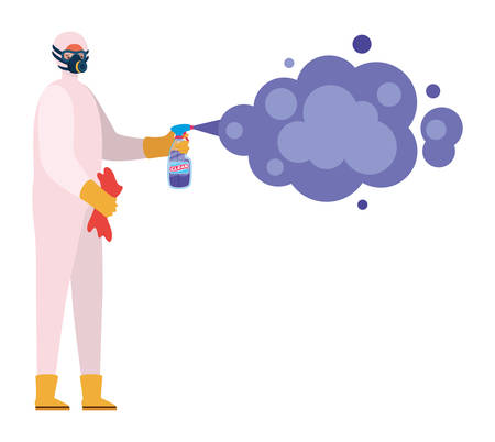 Man with protective suit holding pulverizer spray bottle with smoke design, Hygiene wash health and clean theme Vector illustrationのイラスト素材