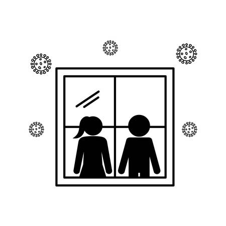 Woman and man inside house window silhouette style icon design of Stay at home theme Vector illustrationのイラスト素材