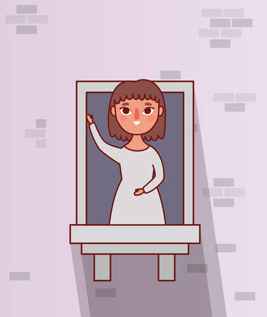 woman cartoon at window design, architecture stay at home and house theme Vector illustrationのイラスト素材