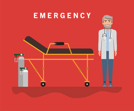 Doctor with stretcher and oxygen cylinders design, Emergency rescue save department 911 danger help safety and aid theme Vector illustrationのイラスト素材