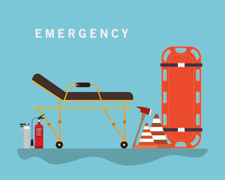 Stretcher cones axe firefighter and oxygen cylinder design, Emergency rescue save department danger help safety and aid theme Vector illustrationのイラスト素材