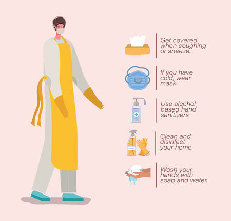 cook man with mask apron gloves and prevention tips design of Coronavirus 2019 nCov workers theme Vector illustrationのイラスト素材
