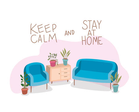 Couch seat furniture and plants inside pots design of Stay at home theme Vector illustrationのイラスト素材