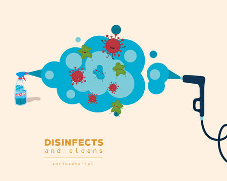 Spray hose clean bottle and smoke with covid 19 virus design, Disinfects clean antibacterial and hygiene theme Vector illustrationのイラスト素材