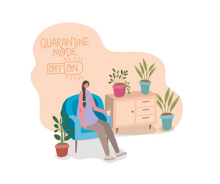 Woman seated drinking coffee and plants inside pots design of Stay at home theme Vector illustrationのイラスト素材