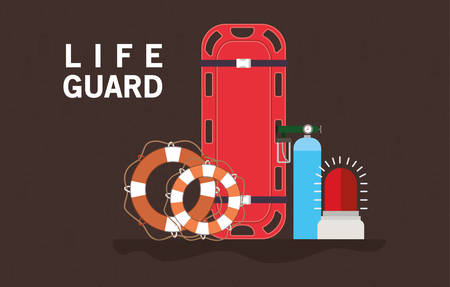 Lifeguard siren strecher oxygen cyclinder and lifebuoy design, Emergency rescue save department 911 danger help safety and aid theme Vector illustrationのイラスト素材