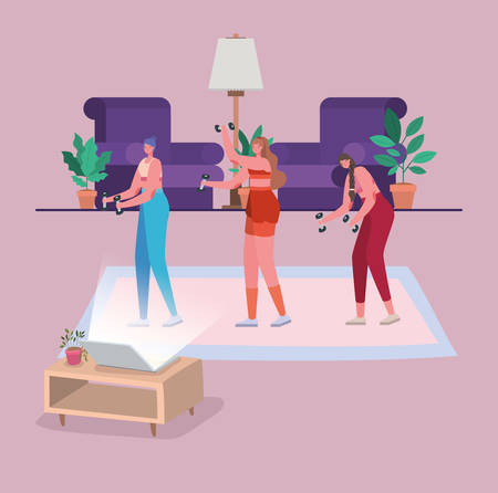 Women doing sport in front of laptop design of Stay at home theme Vector illustrationのイラスト素材