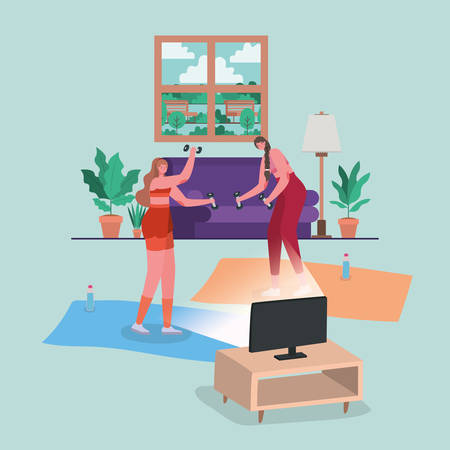 Women doing sport on mat in front of computer design of Stay at home theme Vector illustrationのイラスト素材