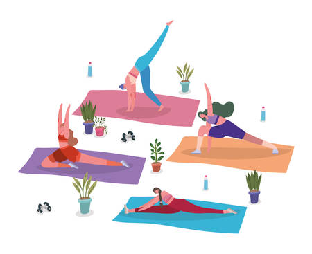 Women with sportswear doing yoga on mats design, Stay at home gym sport and bodybuilding theme Vector illustrationのイラスト素材