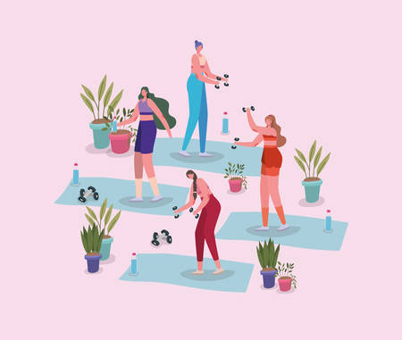 Women doing sport on mats with plants inside pots design of Stay at home theme Vector illustrationのイラスト素材