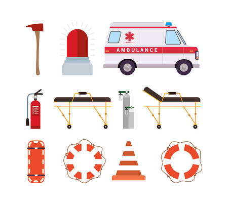 Ambulance oxygen cylinders stretcher siren axe cone extinguisher and lifebuoy design, Life guard emergency and rescue theme Vector illustrationのイラスト素材