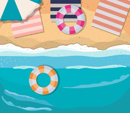 beach with umbrella floats and towels top view design, Summer vacation and tropical theme Vector illustrationのイラスト素材