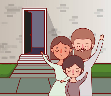 Mother father and son in front of wall with door design, Family relationship and generation theme Vector illustrationのイラスト素材