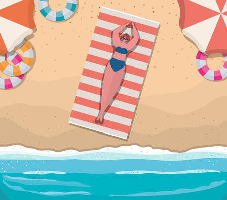 girl cartoon on towel with floats at beach top view design, Summer vacation and tropical theme Vector illustrationのイラスト素材