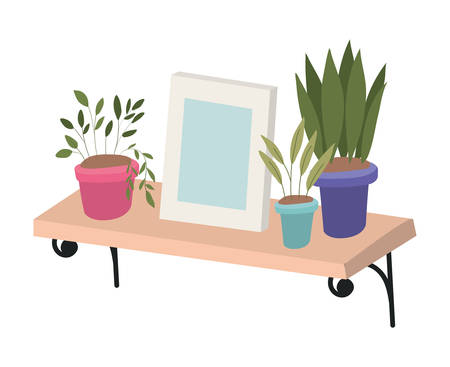 Wood shelf with plants inside pots and frame design, Home room decoration interior modern house decor living and apartment theme Vector illustrationのイラスト素材
