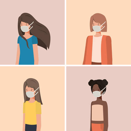 Social distancing between girls with masks design of Covid 19 virus theme Vector illustrationのイラスト素材