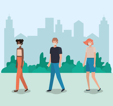 Social distancing between people with masks at park design of Covid 19 virus theme Vector illustrationのイラスト素材