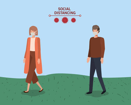 Social distancing between boy and girl with masks design of Covid 19 virus theme Vector illustrationのイラスト素材